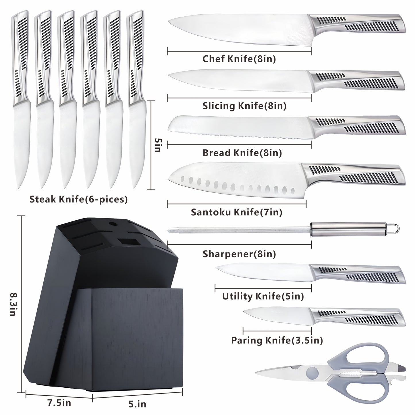 John 15-Piece X50Cr15MoV Stainless Steel Knife Set With Hollow Handles & Manual Sharpener